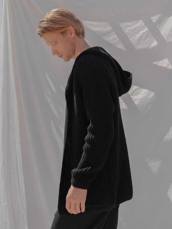 Black woolen cardigan with a hood DANTE